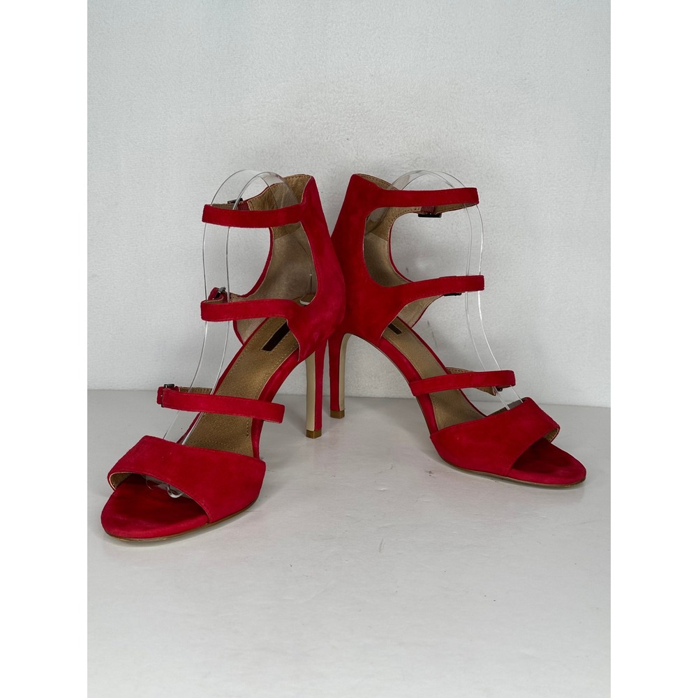 Tahari Red Suede Strappy Stiletto Sandals Multi Buckle Heels Witchy Size 7.5M